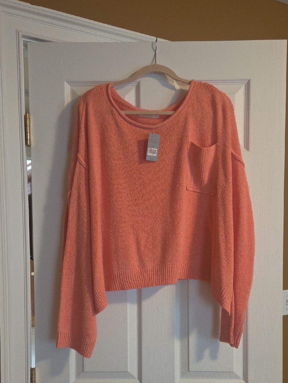 Relaxed Coral Crewneck Sweater with Chest Pocket